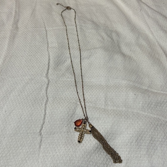 Charming Charlie Goldtone Pendent Tassel Cross Necklace - Picture 2 of 4